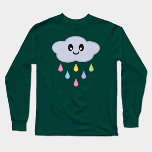 Kawaii Cute Rainbow Raindrop Rain Cloud in Green Long Sleeve T-Shirt